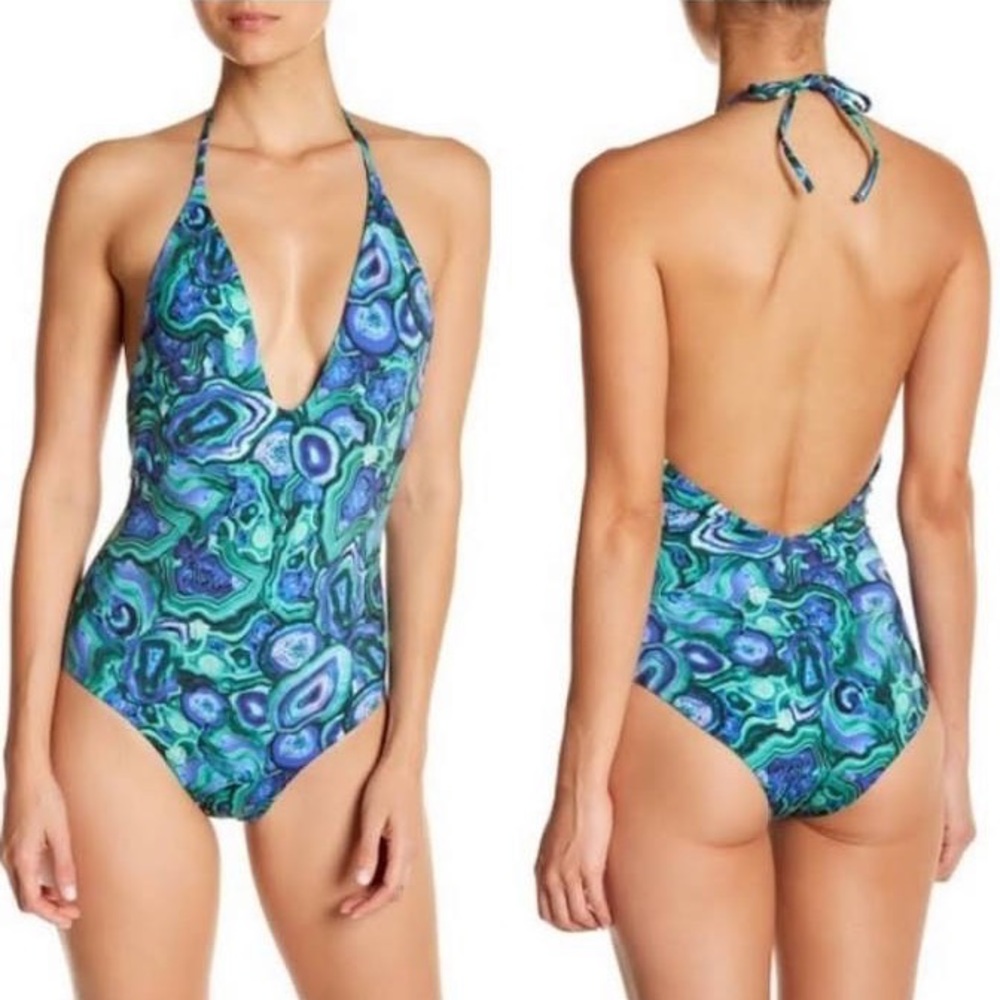 Onia | Blue & Green Print Halter Swim Suit